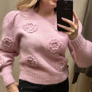 & Other Stories NWT Rose-Appliqué Knit Sweater Sz S Baby Pink Beautiful Rosettes
